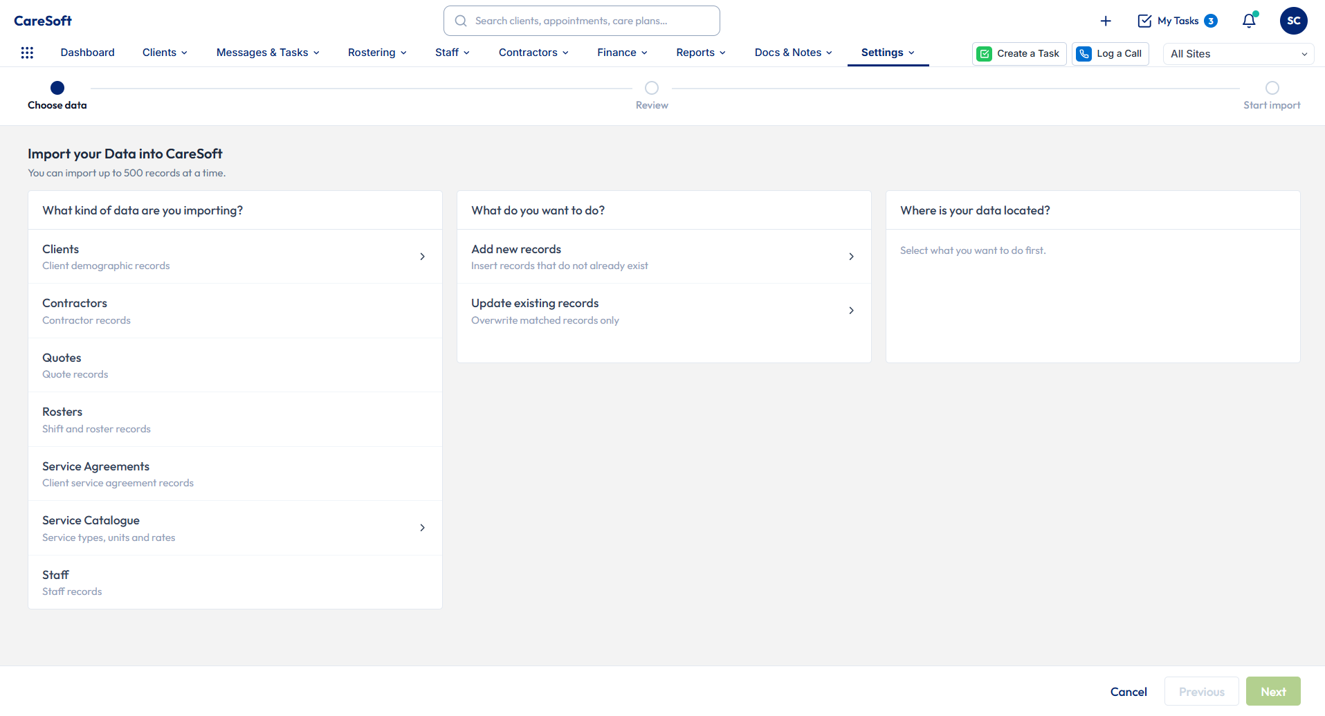 Bulk import CSV wizard showing upload, review and confirm steps
