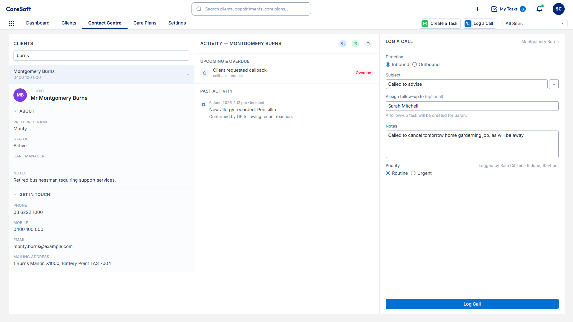 Call logging screen showing call details and follow-up task assignment