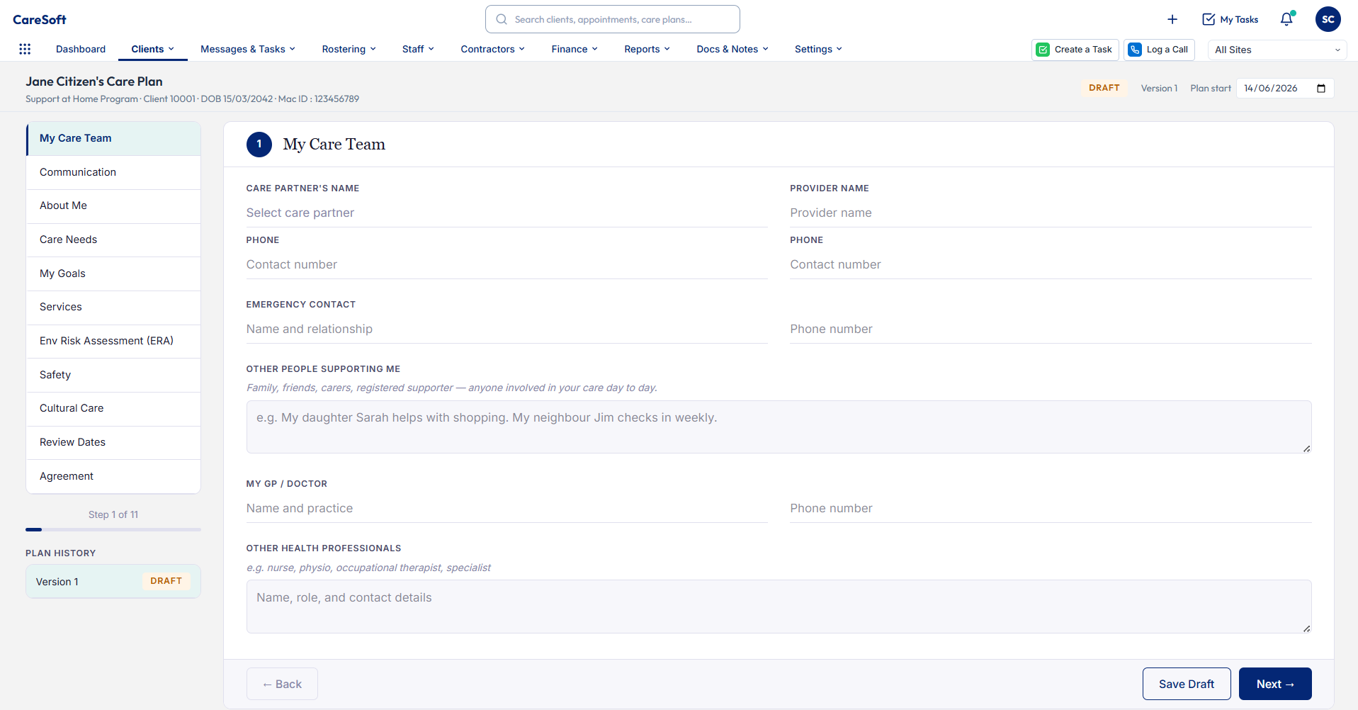 Care Plan Wizard showing guided step-by-step care plan creation