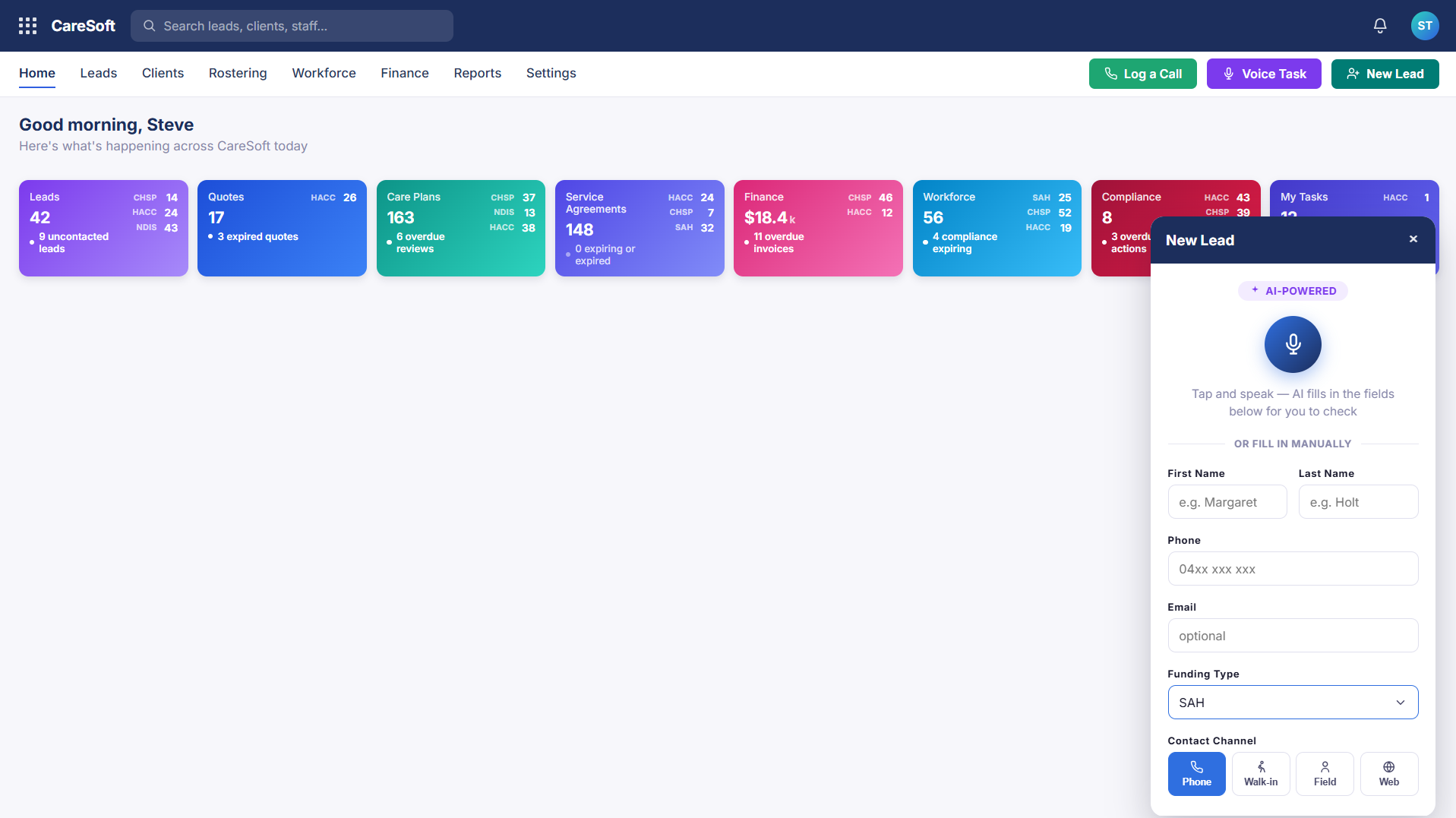 Caresoft dashboard showing participant management and scheduling