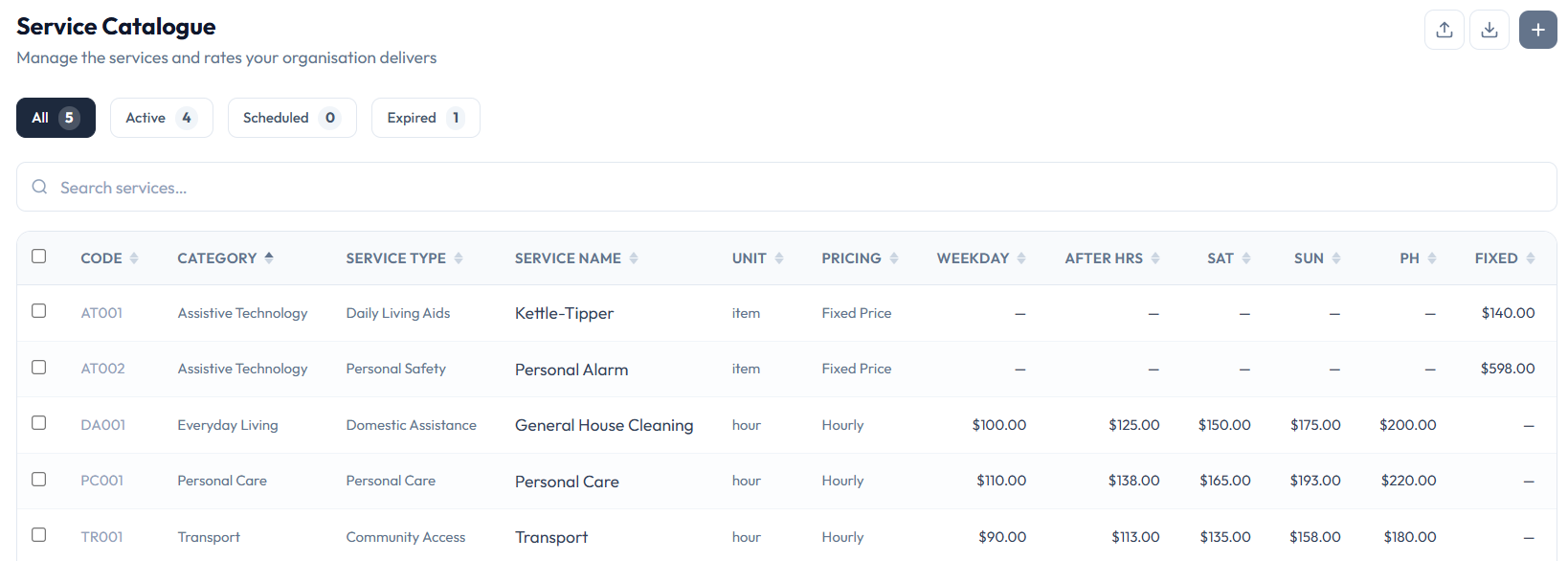 Service catalogue showing bulk import, pricing configuration, and service management